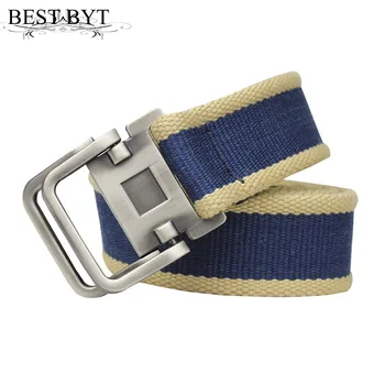 

Best YBT Men Belt All match woven canvas casual Outdoor sports and leisure fashion Double Ring Button Belt Plain Webbing Belt