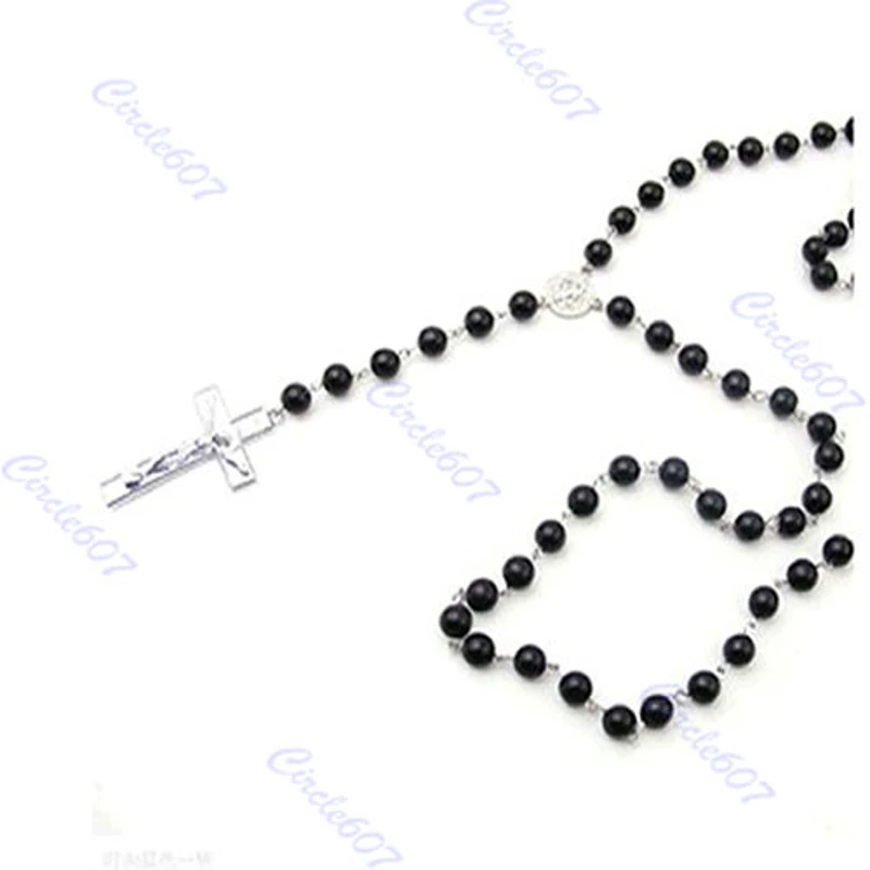 

Fashion Design Mens Womens Cross Pendant Black Rosary Beads long chain Necklace