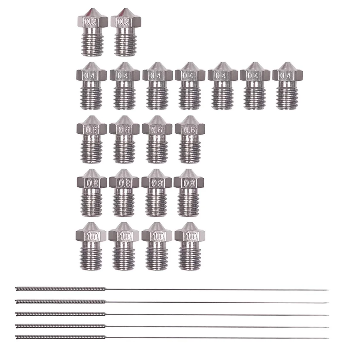 

26 Pieces Stainless Steel 3D Printer Nozzles 0.2 Mm, 0.4 Mm, 0.6 Mm, 0.8 Mm, 1.0 Mm Extruder Nozzle Print Head For E3D Makerbo