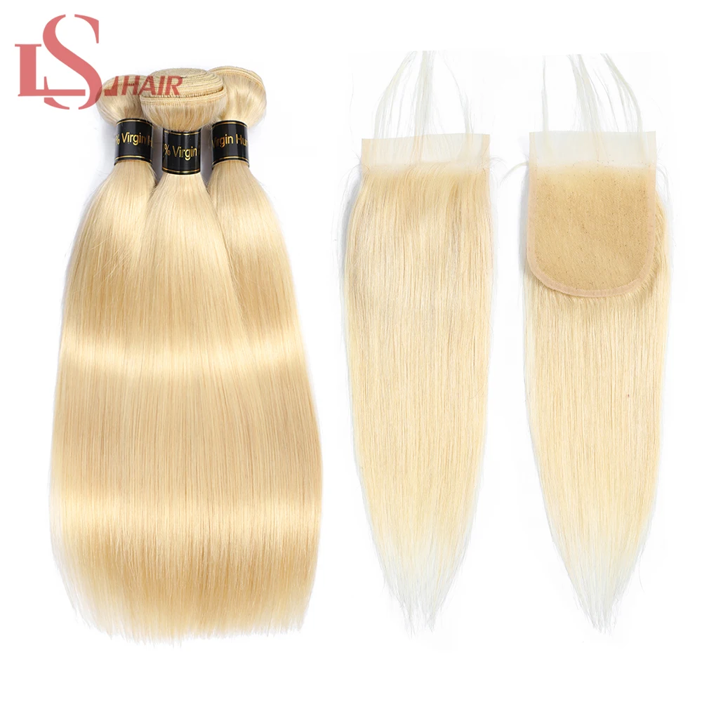 LS hair бразильские волосы remy 3/4 пучки с закрытием шнурка 4*4 волосы для наращивания шелковистые прямые 613 волосы Платиновые светлые пучки