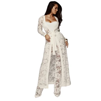 

3Pcs Sexy Women V-Neck Set Solid Bandages With Size Plus Sashes Lace Top Outwear Wide Leg Pants Club Jumpsuit White Lady'S 3Pcs