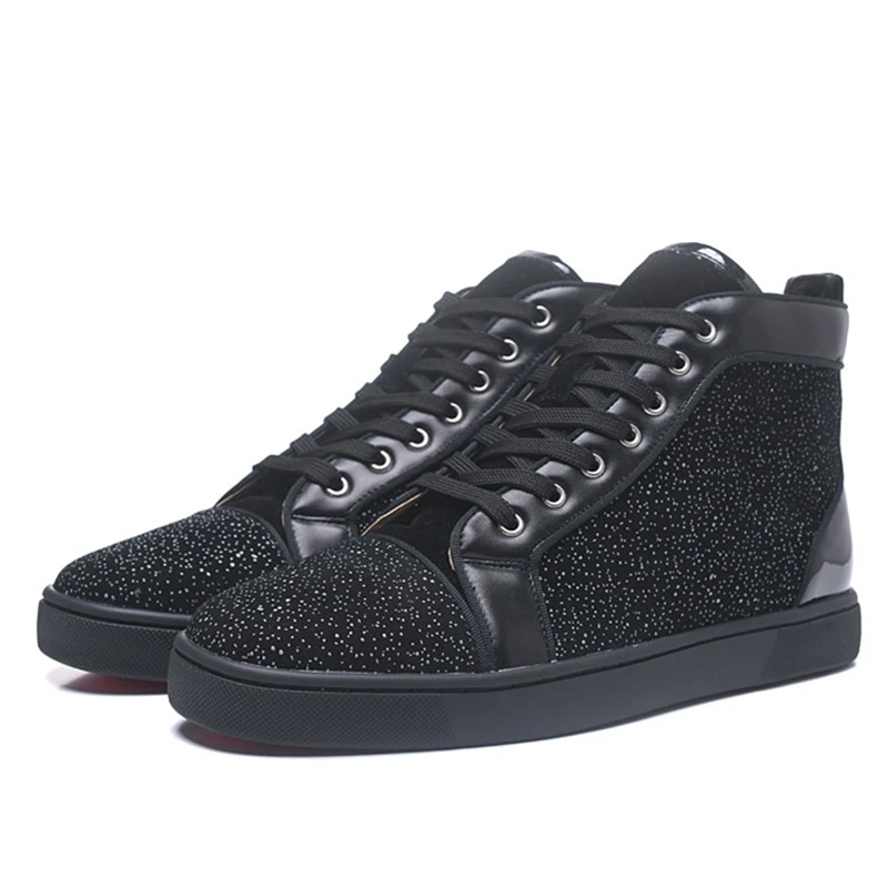 

Luxury Sequin Cloth Rhinestone Men Sneakers Black High Top Lace Up Round Toe Flats Casual Shoes Leather Ankle Boots Shoes Man