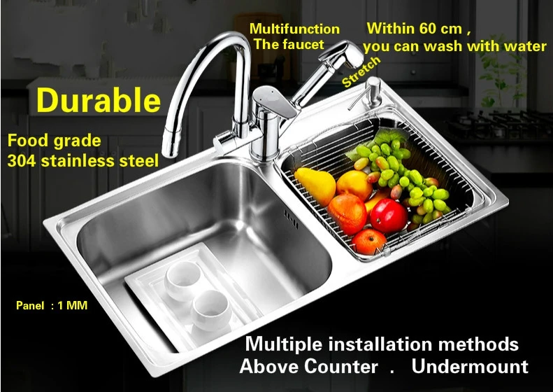 US $644.00 Free shipping kitchen sink big food grade 304 stainless steel normal double groove 81x43 CM