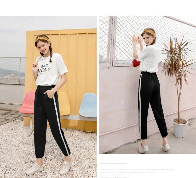 

Harem Pants Women Summer Casual Elastic Waisted Striped Drawstring Sweatpants All-match Sports Pants Black Loose Trousers Ladies