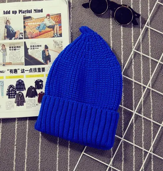 Новая осенне-зимняя вязаная шапка для женщин и мужчин Skullies Beanie, шапки, одноцветные, острый верх, лук версия, вязаные шапки - Цвет: Синий