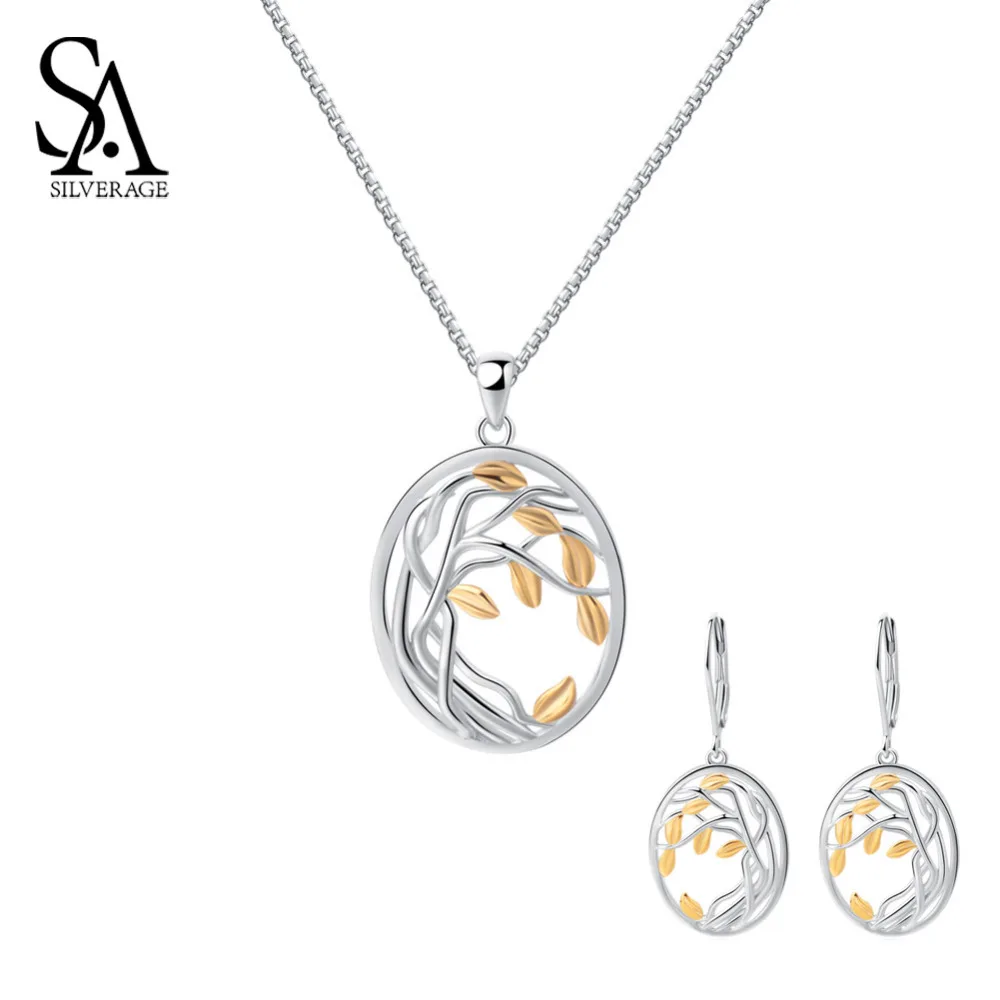 SA SILVERAGE 925 de plata de ley oro amarillo Color conjuntos de joyas para mujer, árbol de la vida colgante de plata collares pendientes conjuntos - 1