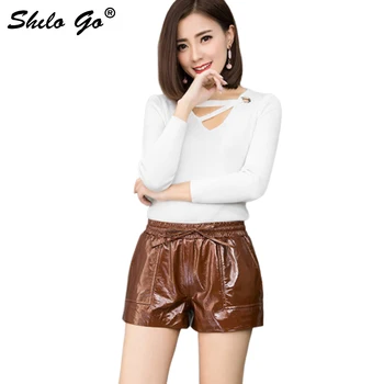 

Leather Shorts Womens Spring Fashion sheepskin genuine Leather Shorts bow stretch high wasit side pocket concise shorts