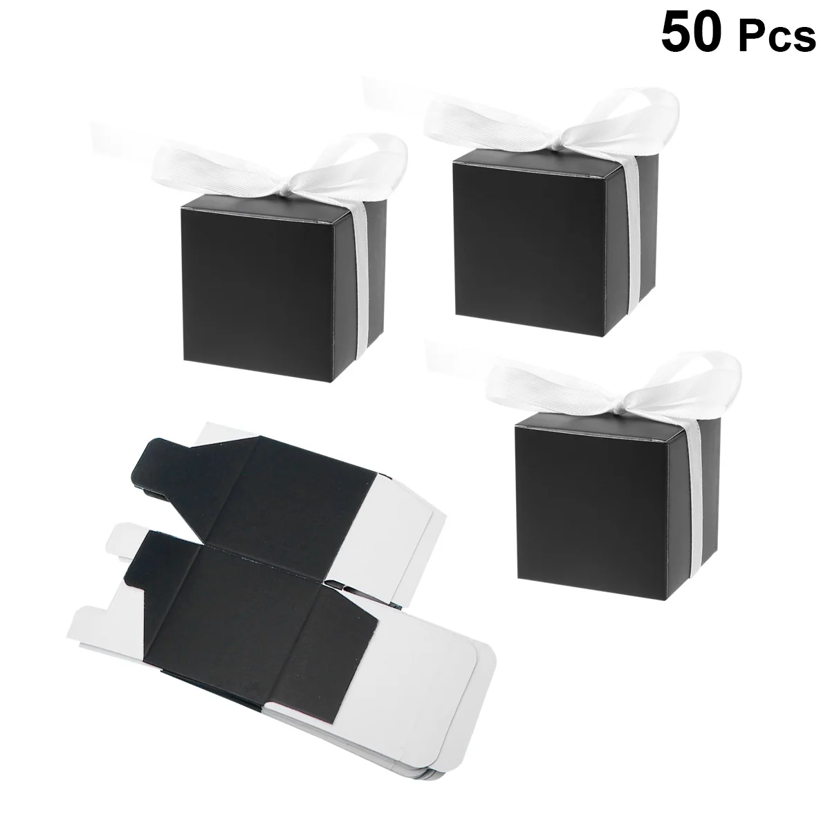 

50pcs Party Favor Candy Box Black Candy Boxes Small Square Chocolate Boxes Gift Container With White Ribbon Party Supplies