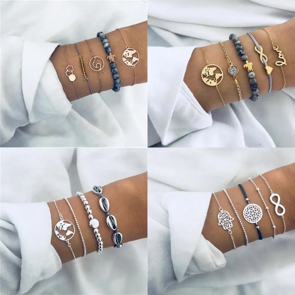 

UMKA Bohemian Geometric Stone Bracelet Set Female Retro Rope Map Small Turtle Palm Heart Leaf Black Beads Female Jewelry New
