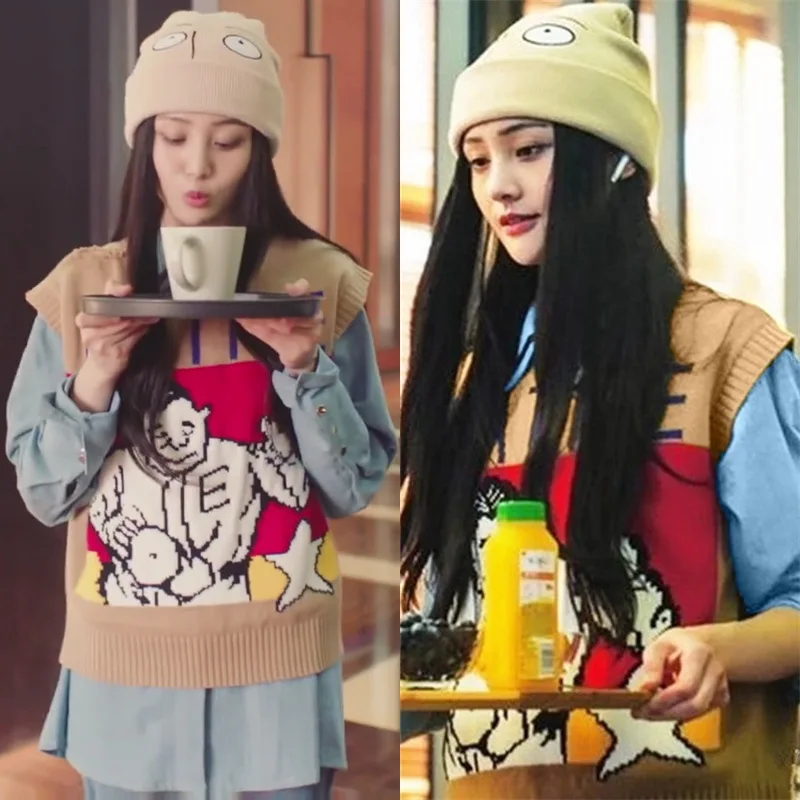 Spring 2019 My Nanny Manual Zheng Shuang The Same Sweater Women Vest Cartoon Jacquard Vest Sweater Women