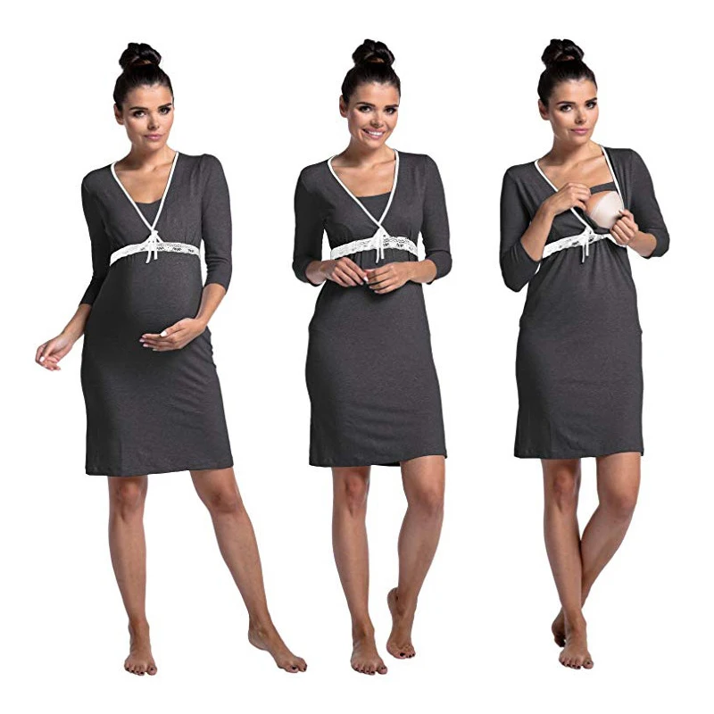 Nursing Pajamas Lace V-neck Pregnant Breastfeeding Nightgown Women Maternity Fashhion Sleepwear for Pregnancy Nightwear