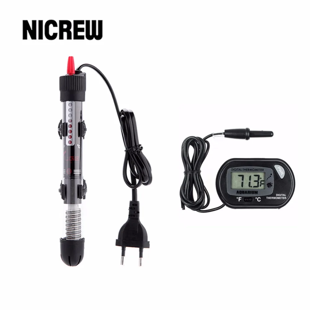 Image Nicrew 25 50 100W Aquarium Heater Thermometer Submersible with Visible Temperature and Floating Thermomet Suction Cup Fish Tank