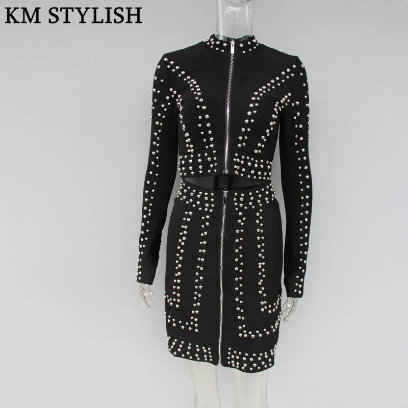 

2018 Fall Winter New High Quality Ladies Heavy Industry Rivets Beaded Zipper Jacket + High Waist A-line Half Skirt Women's Set