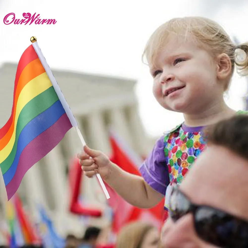 100pcs Hand Wave Rainbow Flag Gay Polyester Colorful Pride Peace Banner Rectangular 14 x 21cm in Banners Streamers & Confetti from Home & Garden on
