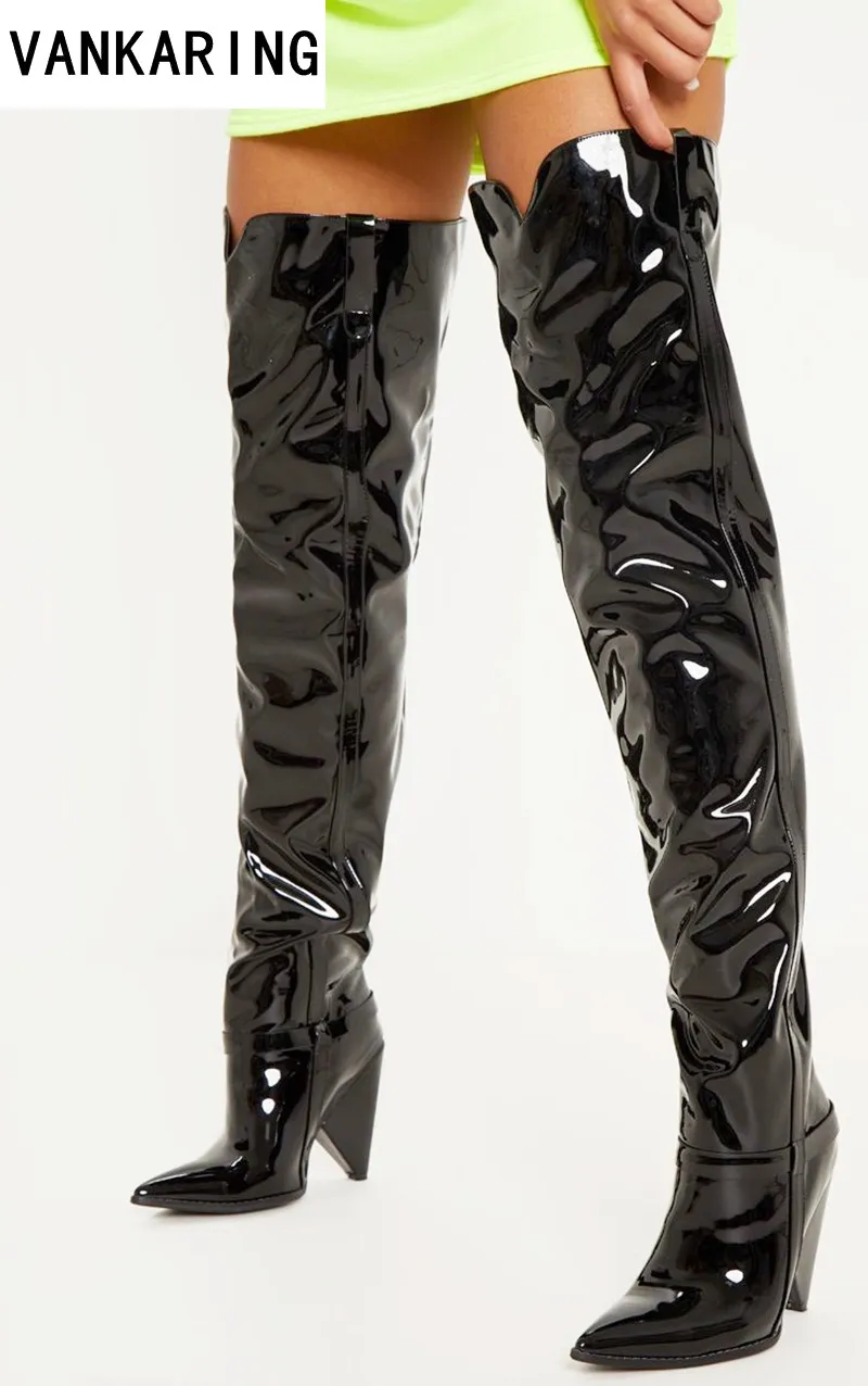 New fashion patent leather runway boots women over the knee high boots ...