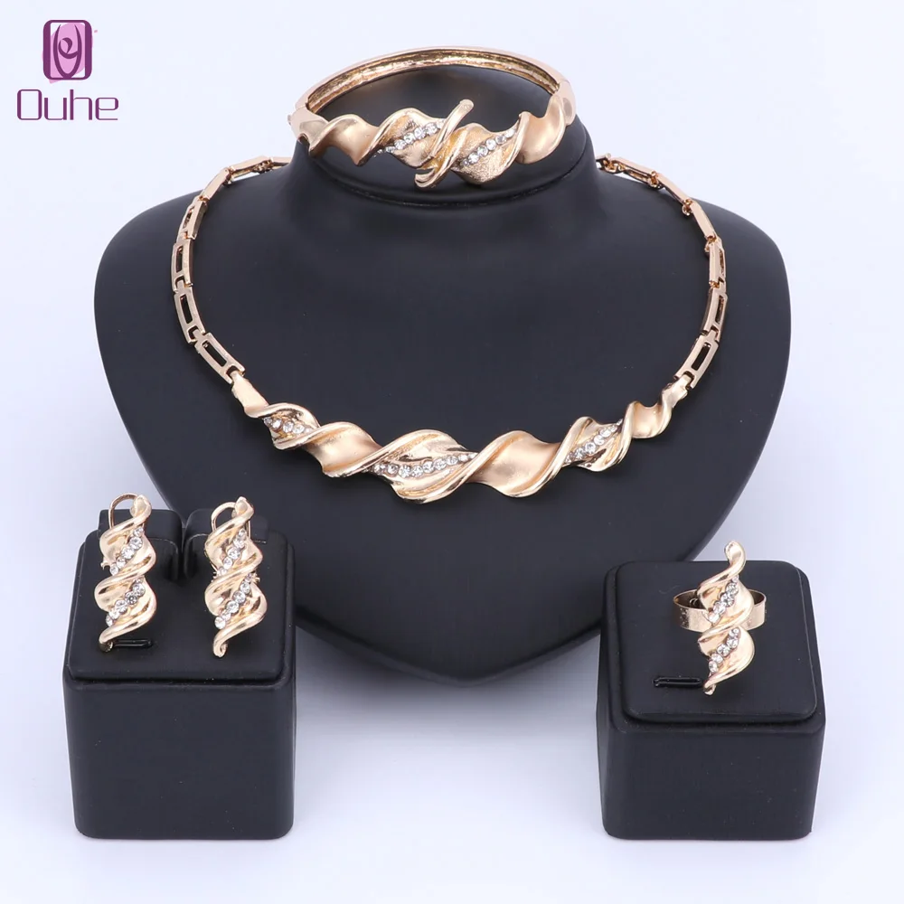 Dubai Rhinestone Jewelry Sets Necklace Bracelet Earrings Ring Statement