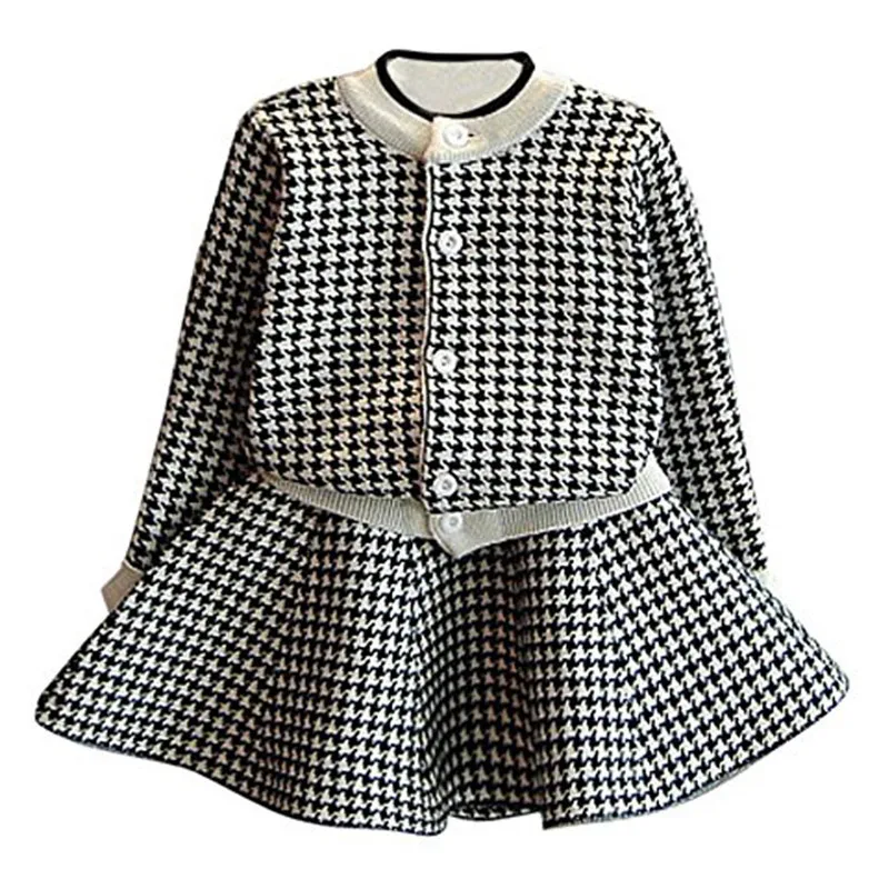 

Baby Girls Clothes Brand Dress Geometric Pattern Dress Long Sleeve Girls Clothes Top Coat + Tutu Dress Sweater Knitwear 2pcs