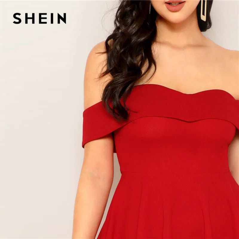 SHEIN Расклешенное Платье С Открытыми Плечами Женское Летнее Красное Элегантное Платье