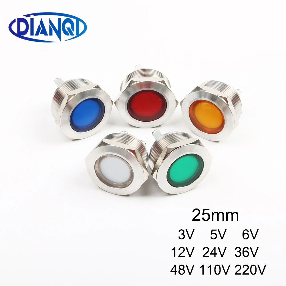 

LED Metal Indicator light 25mm flat round Signal lamp LIGHT 3V 6V 12V 24V 36v 48v 220v screw connect red yellow blue white Green