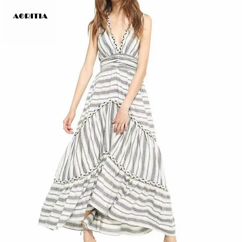 

2019 Women Summer Sleevesless Deep-V Neck Dresses Striped Long Dress