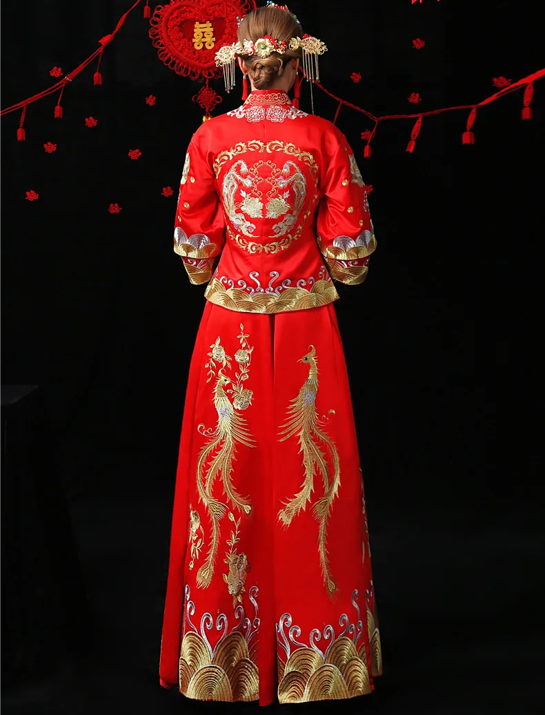 Модные женские туфли феникс вышивка Cheongsam Длинные Qipao Китайский традиционный свадебное платье свободные Винтажные наряды Vestido Oriental