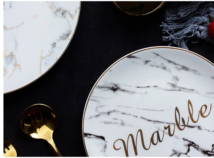 Marble Texture Inlaid with Gold Edge Ceramic Plate Disk Flat Dish Customized Wholesale Loucas Porcelana Dishes and Plates Sets 
