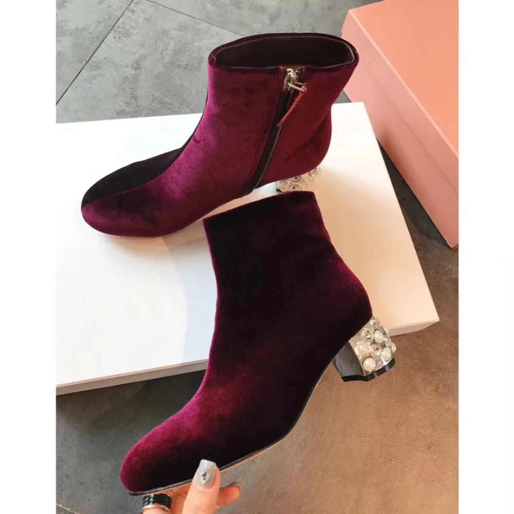 

Kmeioo Women Shoes Autumn Spring Ankle Boots Pearl Heels Fashion Round Toe Square Heels Zip Shotr Boots Botas Mujer