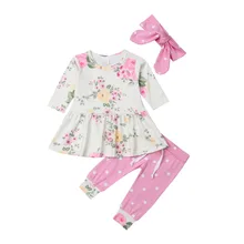 Комплект одежды для маленьких девочек футболка с длинными рукавами для малышей Топы, длинные штаны комплект одежды из хлопка с повязкой на голову