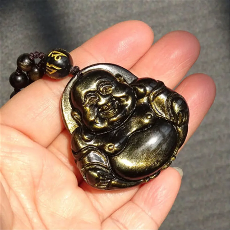 Genuine Natural Gold Black Obsidian Crystal Maitreya Buddha Shape Pendant 43x43x10mm For Woman and Man AAAAA (4)