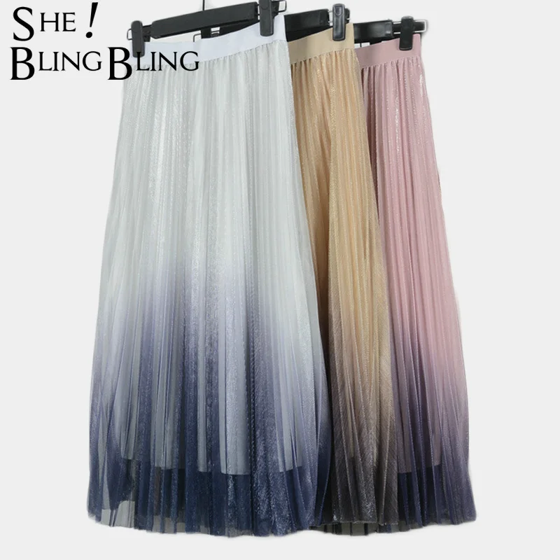 SheBlingBling полупрозрачная сетчатая плиссированная юбка весна лето контрастный цвет эластичная высокая талия Повседневная Уличная длинная юбка