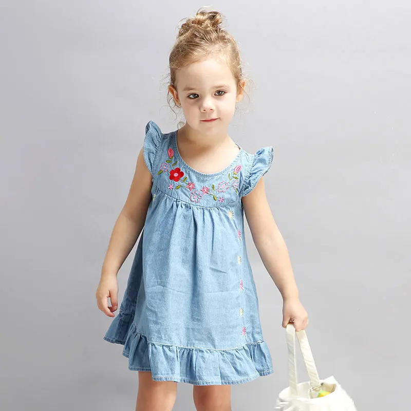 

I.K Children Dress Flower Girls 2017 New Arrived Floral Embroidery Cotton Sleeveless One Piece Beach Blue Dress Summer B1017