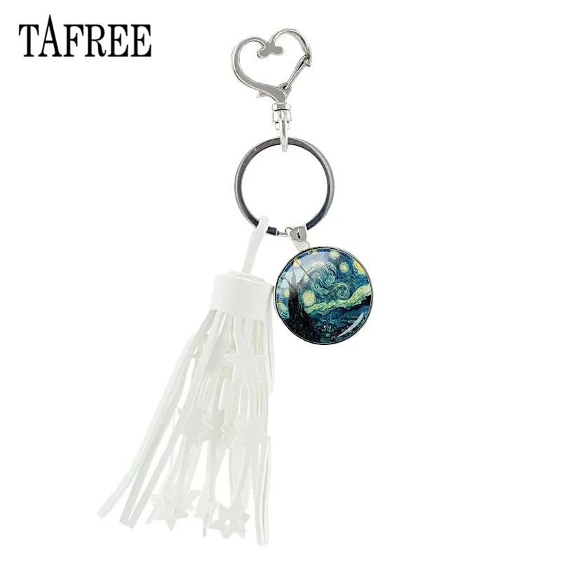 

TAFREE Tassel Heart Shape Clasps Van Gogh's Painting Key Ring Glass Starry Sky Pattern Pendant Keychain For Friends Gift NS387