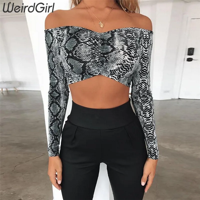 

Weirdgirl Women Snake Skin Printing Crop Top Spring Autumn Off Shoulder Women Elegant Short Tank Crop Tops Casual Female Tops