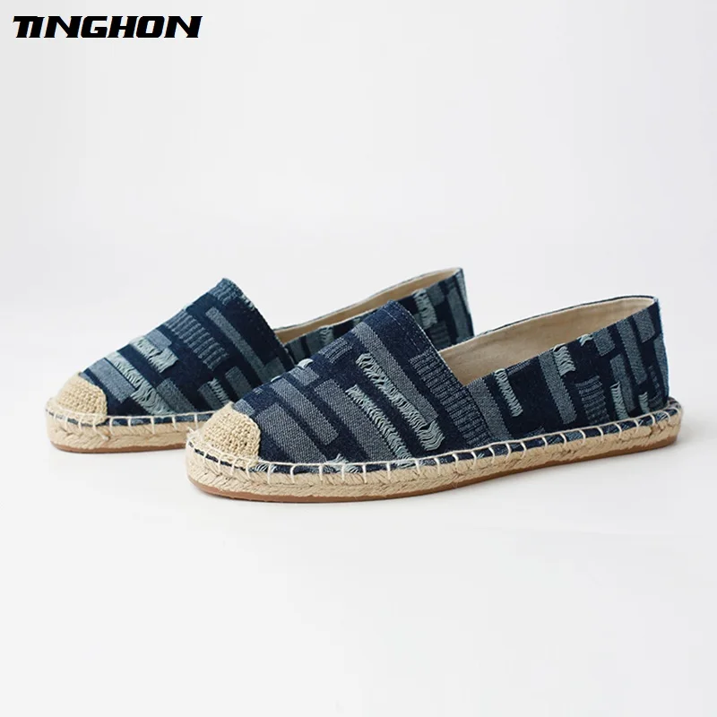 

TINGHON Fashion Ethnic Casual Espadrilles Flat Women Spring Printed Color Pink Cowboy Slip on Fishermen Hemp Rope Shoes 35-43