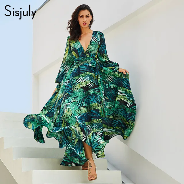 Sisjuly Summer Dress Women Long Chic Green Tropical Print Belt Sisjuly Summer Dress Women Long Chic Green Tropical Print Belt Bohemian Stylish Maxi Casual