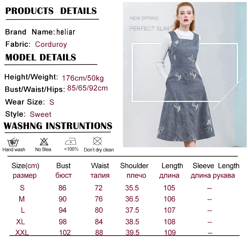 HELIAR Winter Sleeveless Embroidery Corduroy Dress Elegant Women Velvet Dress A-Line Dresses Pocket Grey Vintage Vestidos