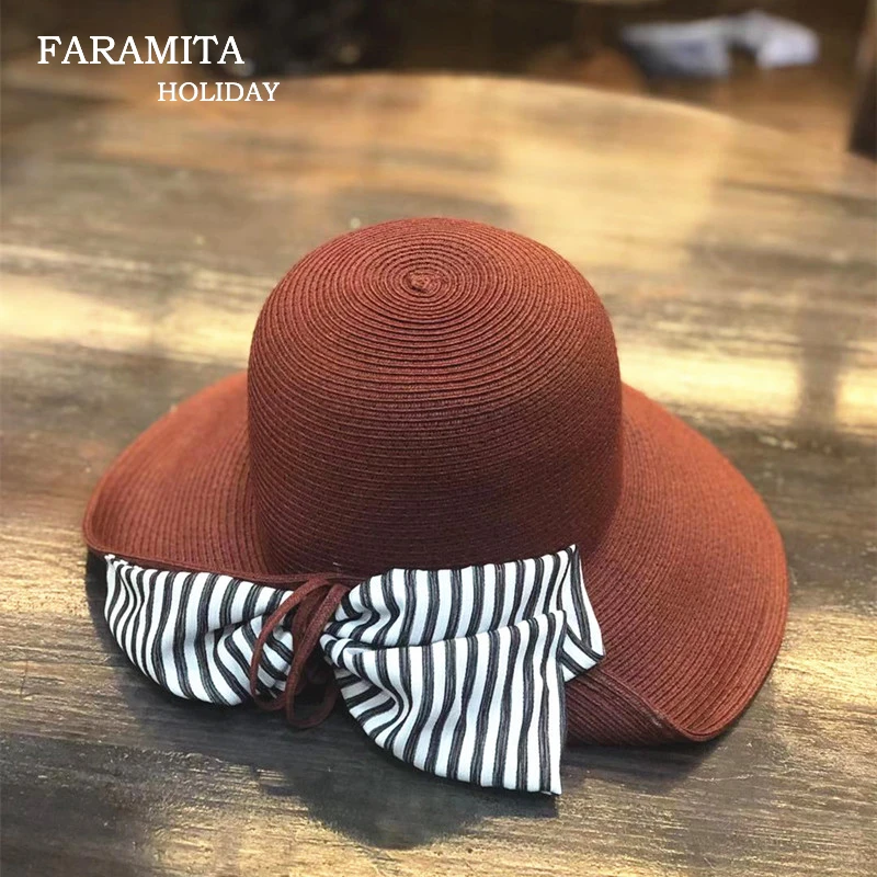 

Faramita Holiday Paper Straw Women Wide Brim Elegant Hats Sun Hat Sunscreen Summer Beach Outdoor Ladies Cap Round Travel Beauty