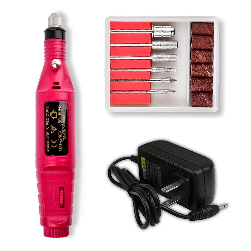 Электрическая дрель для маникюра, профессиональная дрель для маникюра, педикюра, электрическая дрель, ручка для ногтей, машинка, набор, 6 бит - Цвет: Red