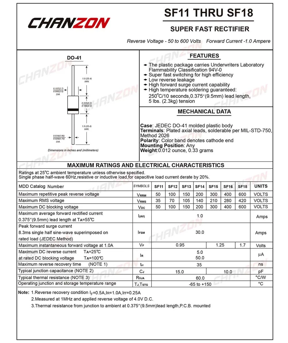 (100 шт.) SF16 супер быстрое восстановление выпрямительного диода 1A 400 V 35ns DO 41 (DO 204AL)
