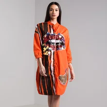 Long Sleeve Shirt Dress Women Autumn Fashion Stand Collar Button up Blouse Dress Ladies Streetwear Oversized Sequin Shirt Dress contrast collar metal embellished button up shirt
