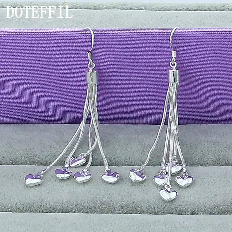 DOTEFFIL 925 Sterling Silver Five Heart Snake Chain Long Drop Earrings For Women Wedding Engagement Party Fashion Jewelry