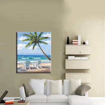 

high Skilled Artist Handpainted High Quality Summer Landscape Beach Sea And Beach Chair Oil Painting On Canvas For Decorations