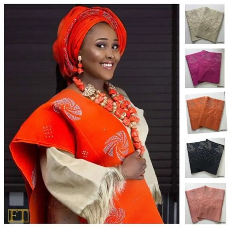 

2018 African wholesales aso oke gele Nigeria headtie stones and beads bluel-color real product photo for women party 30