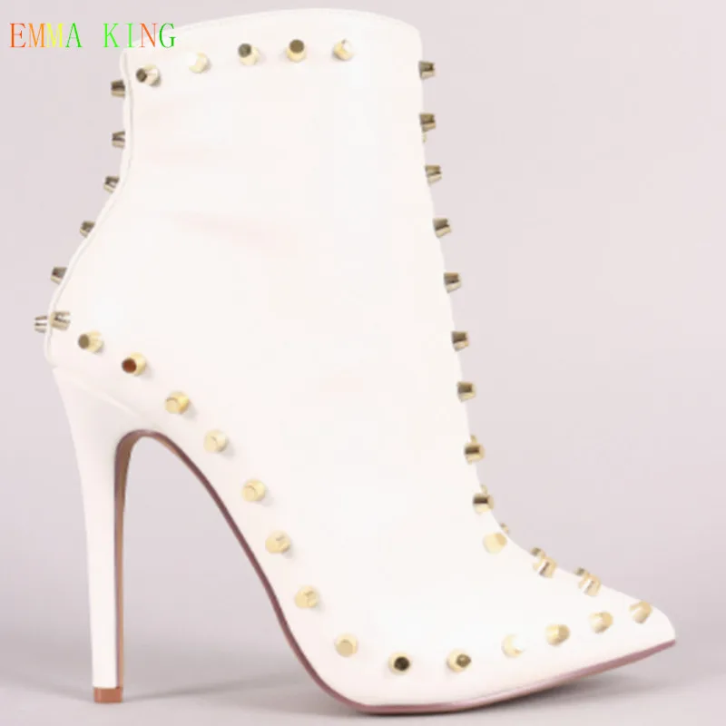 

white Stilettos Botines Mujer 2018 Rivets Decorated Ankle Boots For Women Pointed Toe Thin High Heels Side Zipper Ladies Shoes