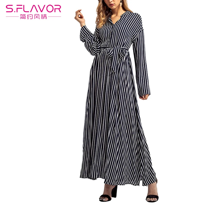 

S.FLAVOR Spring Casual Striped Maxi Long Dress For Women Loose Long Sleeve A-line Dress Fashion V-neck Party Dress With Belt