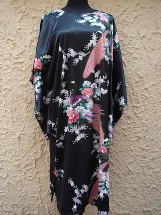 Китайский национальный тренд черный женский шелковый халат банное платье Ночная рубашка повседневное домашнее платье сексуальное принтованное ночное белье один размер - Цвет: black