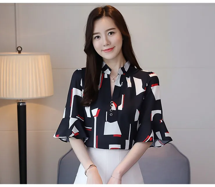 New Style Women Blouses Geometric Pattern Chiffon Blouses Shirts Female Short Sleeve Plus Size Tops Lady 2018 Print Blusa Feminina (4)