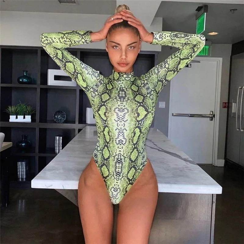 

2019 Summer Fashion Neon Green Snake Print Sexy Bodysuit Turtleneck Long Sleeve Jumpsuit Women's Bodysuits Bodycon Women Romper