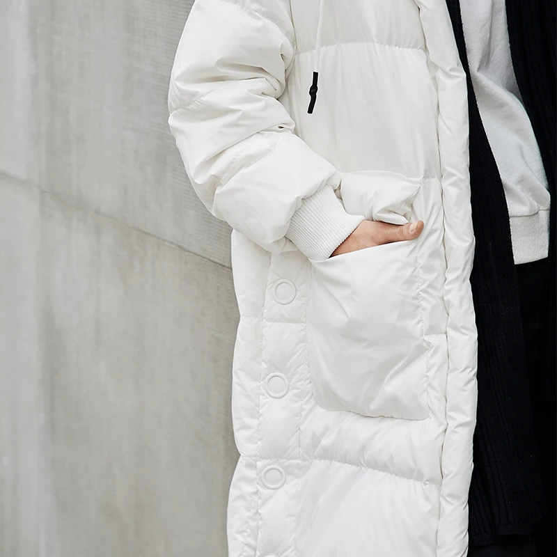 Amii Minimalist 2018 Fashion Winter Wide-waisted Big Pocket Knee Length Women 90% White Duck Down Coat with Hoodie