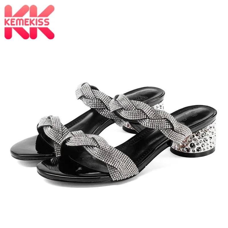 

KemeKiss Fashion Women High Heel Sandals Real Genuine Leather Beading Flower Thick Heel Slipper Summer Club Shoes Size 33-40